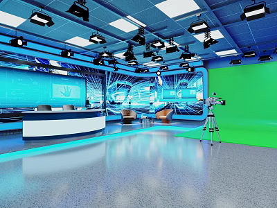 Professional TV Studio Setup With Green Screen Lighting And Modern Desk 3d model