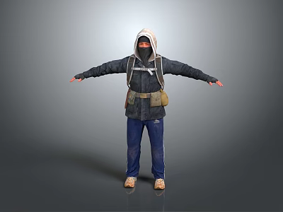 Man In Hooded Jacket With Mask Backpack Blue Jeans Brown Shoes And Arms Outstretched 3d model