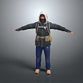 Man In Hooded Jacket With Mask Backpack Blue Jeans Brown Shoes And Arms Outstretched