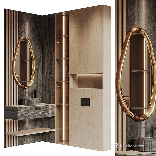 Modern Bathroom Vanity With Oval Gold Frame Mirror And Wooden Storage Cabinets 3d model 