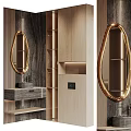 Modern Bathroom Vanity With Oval Gold Frame Mirror And Wooden Storage Cabinets