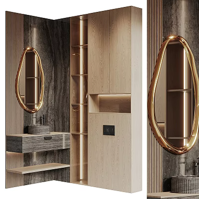 Modern Bathroom Vanity With Oval Gold Frame Mirror And Wooden Storage Cabinets 3d model
