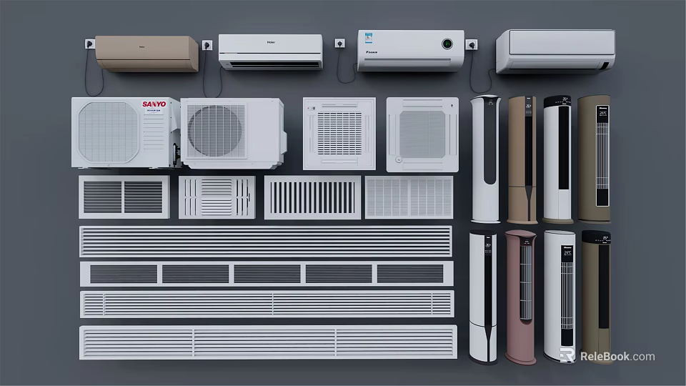 Various Air Conditioner Fans Including Wall Mounted Floor Standing And Ceiling Models 3d model