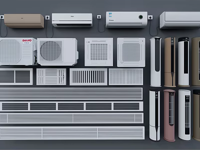 Various Air Conditioner Fans Including Wall Mounted Floor Standing And Ceiling Models 3d model