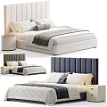 Modern Double Bed With Light Upholstered Headboard White Gray Pillows And Nightstand