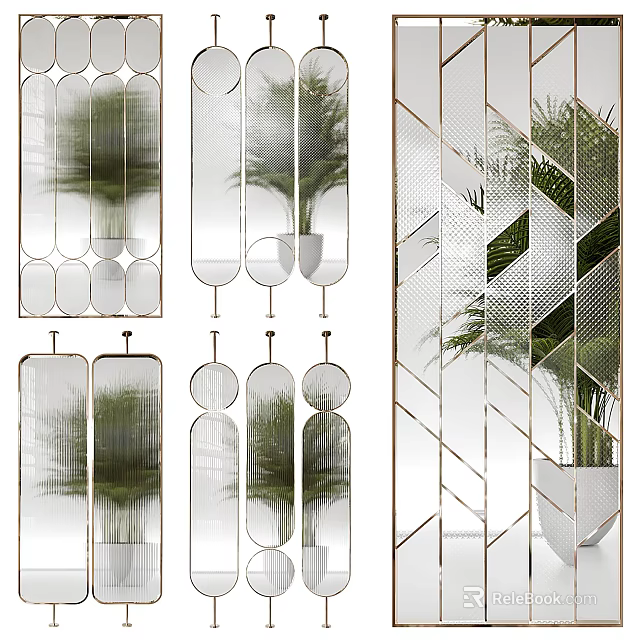 Modern Geometric Room Dividers With Glass Panels Metal Frames And Plant Reflections 3d model 