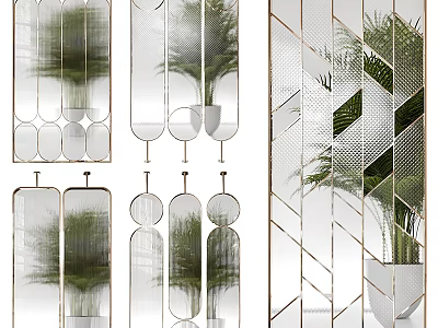 Modern Geometric Room Dividers With Glass Panels Metal Frames And Plant Reflections 3d model