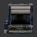 Blue Mechanical Industrial Equipment With Roller System And Yellow Black Warning Stripes