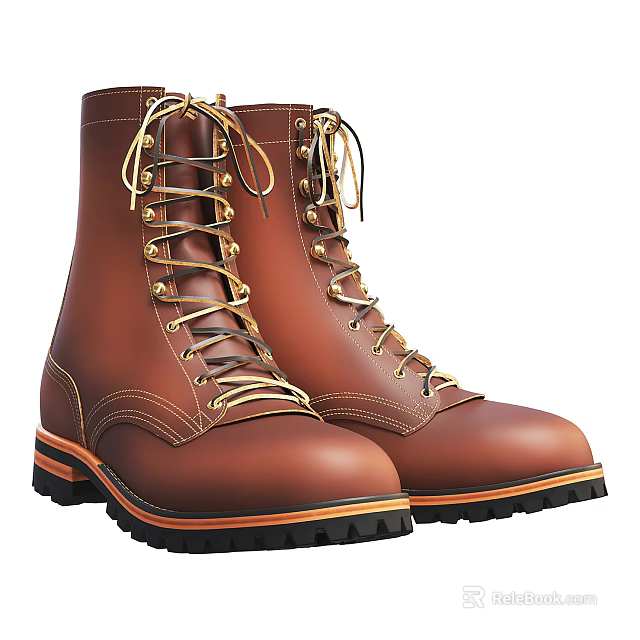 Brown Leather Work Boots With Lace Up And Sturdy Soles 3d model 