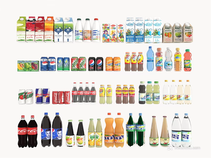 Variety of Beverages Including Bottled Juices Canned Sodas Milk and Water Drinks 3d model 