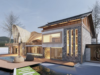 Rural Self Built House With Stone Walls Wooden Roof And Water View Design 3d model