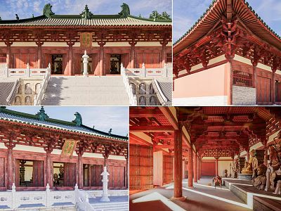 Traditional Chinese Ancient Architecture With Green Roofs Red Wooden Columns Stone Steps And Interior Statues 3d model