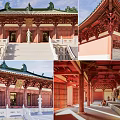 Traditional Chinese Ancient Architecture With Green Roofs Red Wooden Columns Stone Steps And Interior Statues