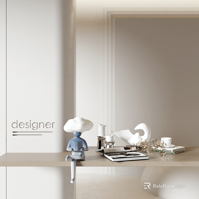 Designer Decorative Ornament Set with Blue Figure Cloud Decoration and White Geometric Ornaments on Tabletop 3d model 