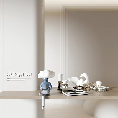 Designer Decorative Ornament Set with Blue Figure Cloud Decoration and White Geometric Ornaments on Tabletop 3d model