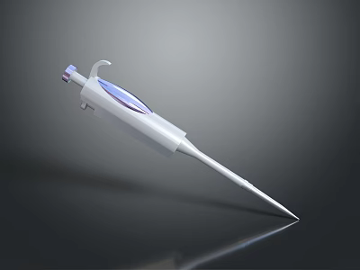 Modern White Laboratory Pipette With Transparent Tip Blue Accents On Black Reflective Surface 3d model