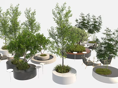 Multiple Outdoor Tree Planters With Green Trees Circular Design And Seating Areas 3d model