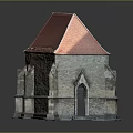 European Architecture Design With Red Roof Stone Walls And Gothic Arch Windows
