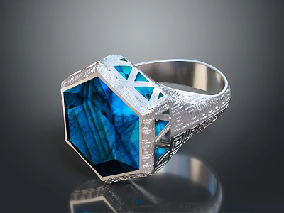 Elegant Silver Ring With Hexagonal Blue Gemstone And Intricate Engraved Design Details 3d model