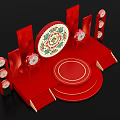 Traditional Red Stage with Peony Pattern Circular Decorations and Red Pillars on Both Sides 3d model