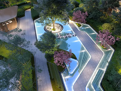 Residential Landscape Design With Curved Water Features Lush Trees And Illuminated Walkways 3d model