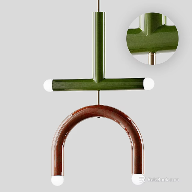 Modern Geometric Chandelier With Green Horizontal Bar Brown Arched Frame And White Spherical Elements 3d model