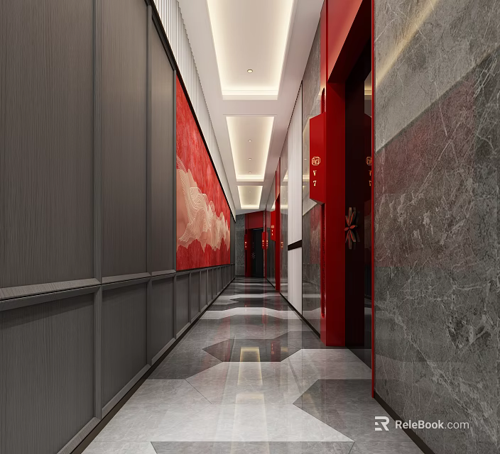 Modern Elevator Hallway Interior Design With Red Decor Gray Walls And Marble Flooring 3d model