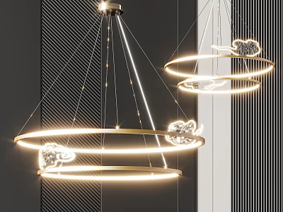 Modern Circular Illuminated Chandelier With Golden Rings And Cloud Shaped Decorations In Interior 3d model