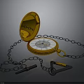 Vintage Gold Open Pocket Watch With Metallic Chain Pencil And Triangle Ruler