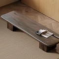 Minimalist Wooden Bench With Magazine And Glasses On Woven Rug By Wooden Floor