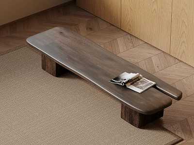 Minimalist Wooden Bench With Magazine And Glasses On Woven Rug By Wooden Floor 3d model