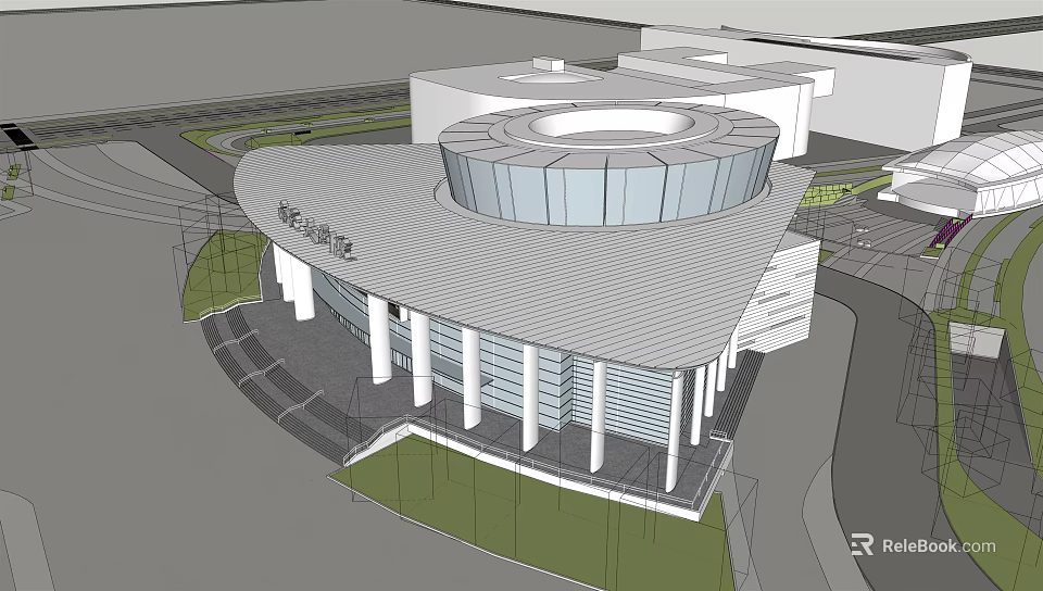Modern Public Building Exterior With Circular Roof Columns And Glass Facade 3d model 