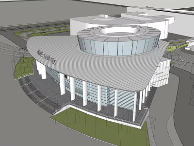 Modern Public Building Exterior With Circular Roof Columns And Glass Facade 3d model