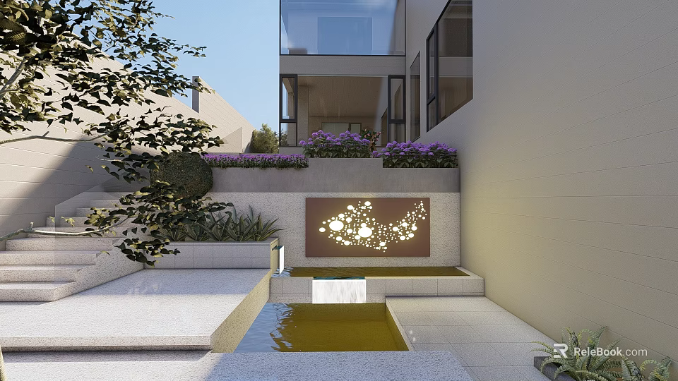 Modern Courtyard Garden with Purple Flowers Green Plants Steps Lighted Wall and Water Pool 3d model 