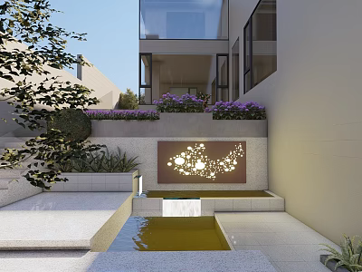 Modern Courtyard Garden with Purple Flowers Green Plants Steps Lighted Wall and Water Pool 3d model