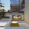 Modern Courtyard Garden with Purple Flowers Green Plants Steps Lighted Wall and Water Pool