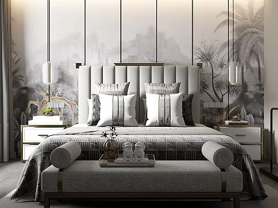 Double Bed With Tufted Headboard Multiple Pillows Bedside Tables Table Lamps Mural Wallpaper And Bench 3d model