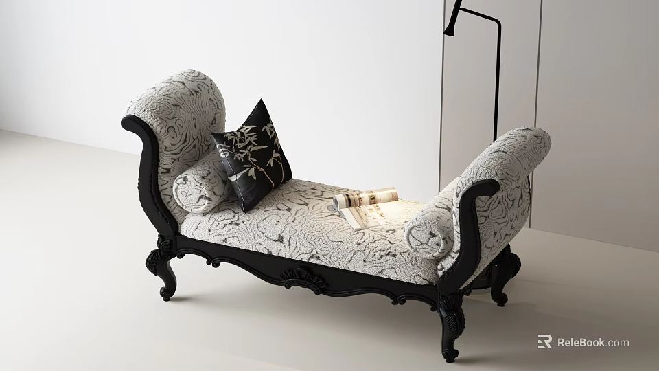 Classical Upholstered Bed Bench With Black And White Patterned Fabric Carved Legs And Decorative Pillow 3d model 