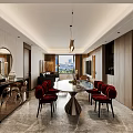Modern Luxury Living And Dining Room With Black Leather Sofa And Green Marble Coffee Table