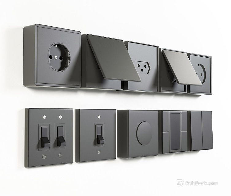 Modern Black Wall Mounted Switch Panels With Different Styles Switches And Sockets 3d model 