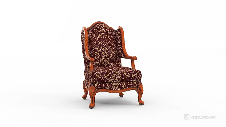 Classic Carved Wooden Armchair With Intricate Floral Fabric Upholstery And Ornate Design 3d model 