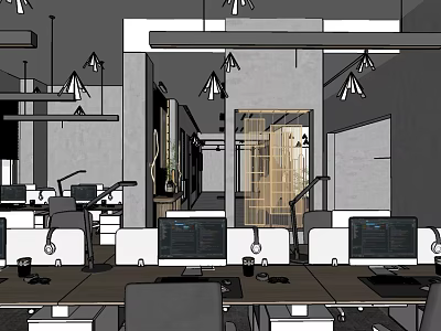 Modern Office Interior With Desks Computers Office Chairs Pendant Lights And Open Layout 3d model