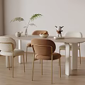 Minimalist Dining Table Set with Beige Brown Chairs Gold Legs Green Plant Vase Fruit Bowl