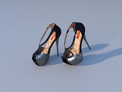 Stylish Black And Silver High Heels With Crisscross Straps And Stiletto Heels 3d model