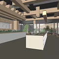 Book Art Interior Design With Wooden Ceiling Beams White Reception Desk And Green Plants