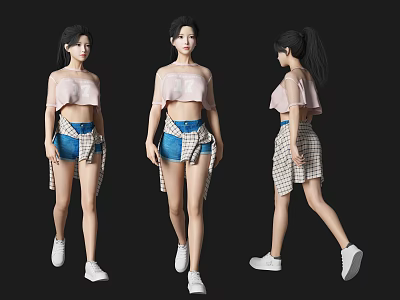 Woman In Pink Crop Top Blue Denim Shorts Plaid Shirt White Sneakers On Black Background 3d model