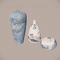 Traditional Ceramic Vessels With Blue White Patterns Including Vase And Lidded Jar
