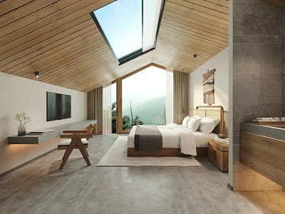 Modern Hotel Guest Room Interior With Wooden Ceiling Skylight King Bed TV And Mountain View 3d model