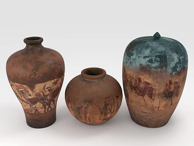 Three Vintage Clay Vases With Brown Blue Hues And Decorative Painted Patterns 3d model