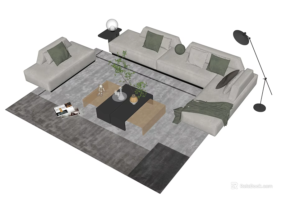 Modern Sofa Coffee Table Set With Gray Rug Pillows Plants And Floor Lamp 3d model 